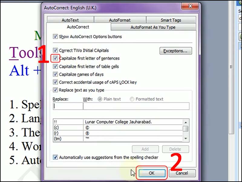 Tick chọn Capitalize first letter of sentences